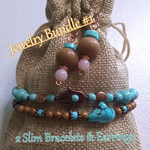 Jewelry Bundle #1: Tan, Copper, Aqua +Turquoise! 2 Slim Bracelets + Earrings - Picture 4 of 13
